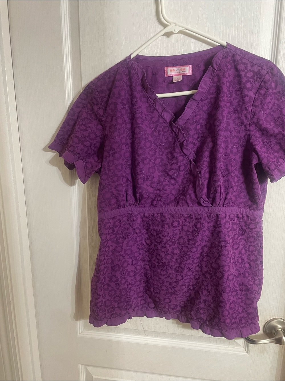 koi Purple Floral Ruffle V-Neck Tunic Top